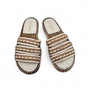 Chanel Chain Espadrille Flat Slide Sandal Beige White Leather Size 36 C US 5 5.5